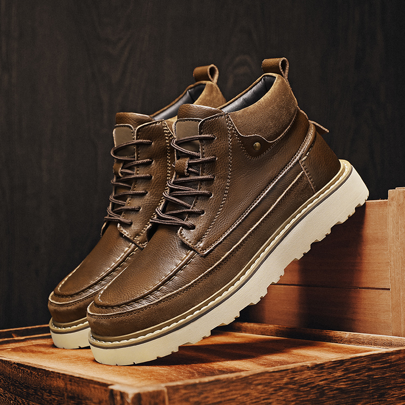 Leatherwork Boots - 남성용 브라운 플리스 안감 따뜻한 하이탑